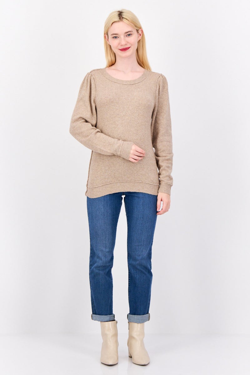 Aerie Women Round  Neck Knitted Sweater, Dark Beige Melange  - Image 4