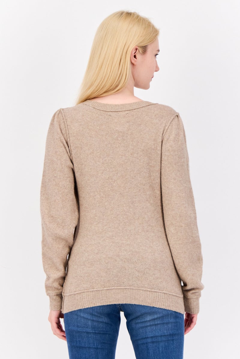 Aerie Women Round  Neck Knitted Sweater, Dark Beige Melange  - Image 3