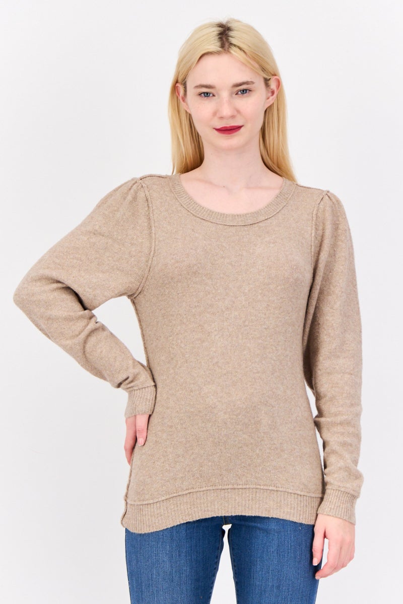 Aerie Women Round  Neck Knitted Sweater, Dark Beige Melange  - Image 1