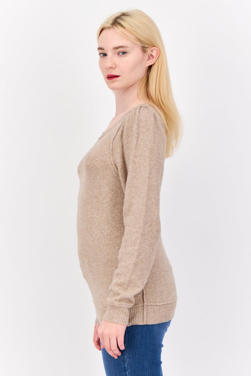Aerie Women Round  Neck Knitted Sweater, Dark Beige Melange - Image 2