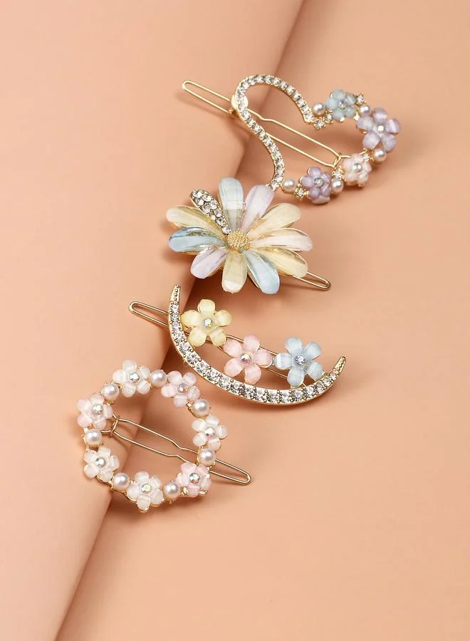 Take Two Pack of 4 - Multi Color Flower and Pearl Hair Clip