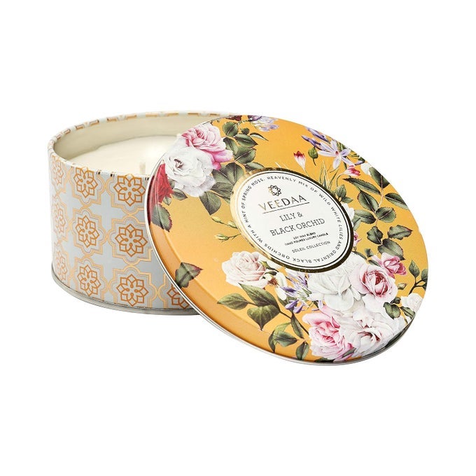 LILY BLACK ORCHID 3 WICK TIN SOY WAX SCENTED CANDLE BURNS 40 HOURS
