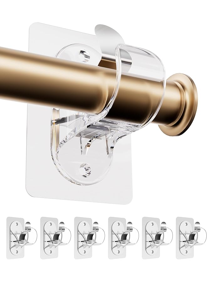 erorex No Hole Curtain Rod Brackets Hangers, Self Adhesive Curtain Rod Holders, No Drilling, No Nail Heavy Duty Stick on Rod Hooks 6-Pack(Transparent)  - Image 1