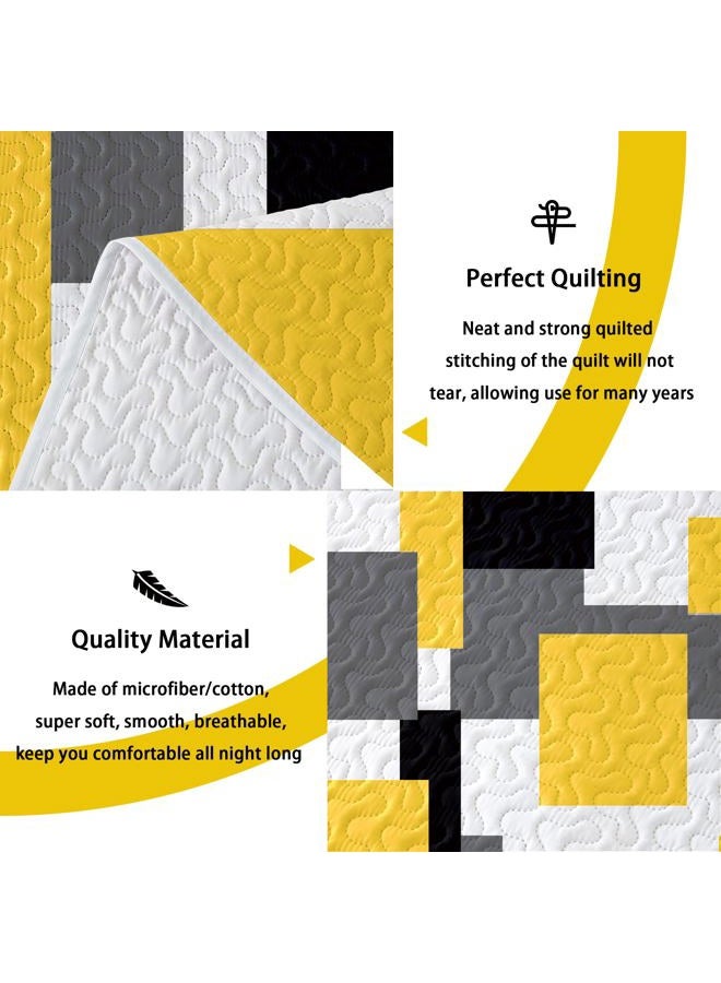 Tyrot 3 Piece Yellow Grey Quilt Set King Size Yellow Gray White Geometric Reversible Bedding Set Microfiber Lightweight Bedspread Coverlet with 2 Shams Modern Bed Cover for All Season, 106''x96'' - Image 4