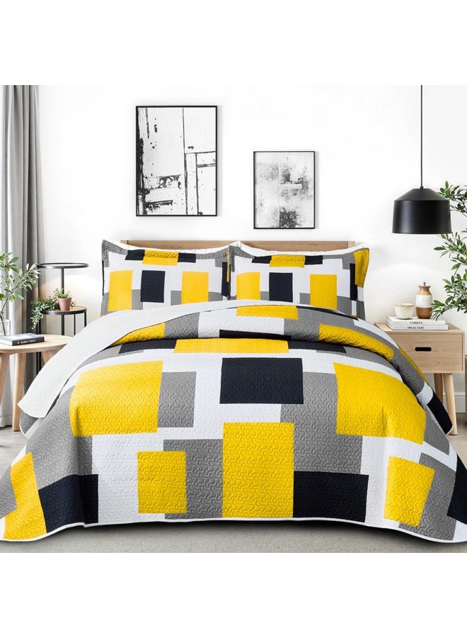 Tyrot 3 Piece Yellow Grey Quilt Set King Size Yellow Gray White Geometric Reversible Bedding Set Microfiber Lightweight Bedspread Coverlet with 2 Shams Modern Bed Cover for All Season, 106''x96'' - Image 1