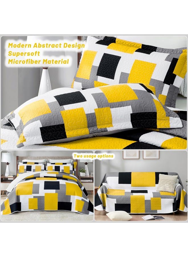 Tyrot 3 Piece Yellow Grey Quilt Set King Size Yellow Gray White Geometric Reversible Bedding Set Microfiber Lightweight Bedspread Coverlet with 2 Shams Modern Bed Cover for All Season, 106''x96'' - Image 3