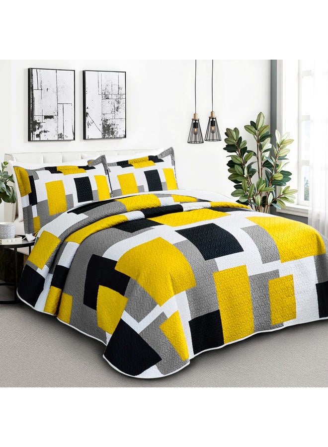 Tyrot 3 Piece Yellow Grey Quilt Set King Size Yellow Gray White Geometric Reversible Bedding Set Microfiber Lightweight Bedspread Coverlet with 2 Shams Modern Bed Cover for All Season, 106''x96'' - Image 2