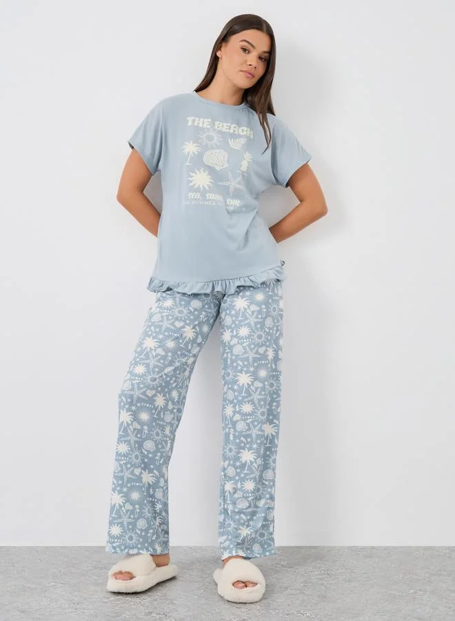 ستايلي Styli Graphic Print Ruffle Hem T-Shirt and Pyjama Set