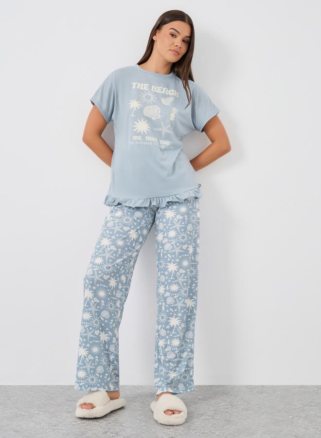 Styli Graphic Print Ruffle Hem T-Shirt and Pyjama Set - Image 1