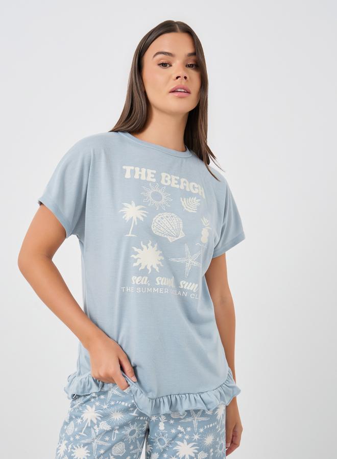 Styli Graphic Print Ruffle Hem T-Shirt and Pyjama Set - Image 3