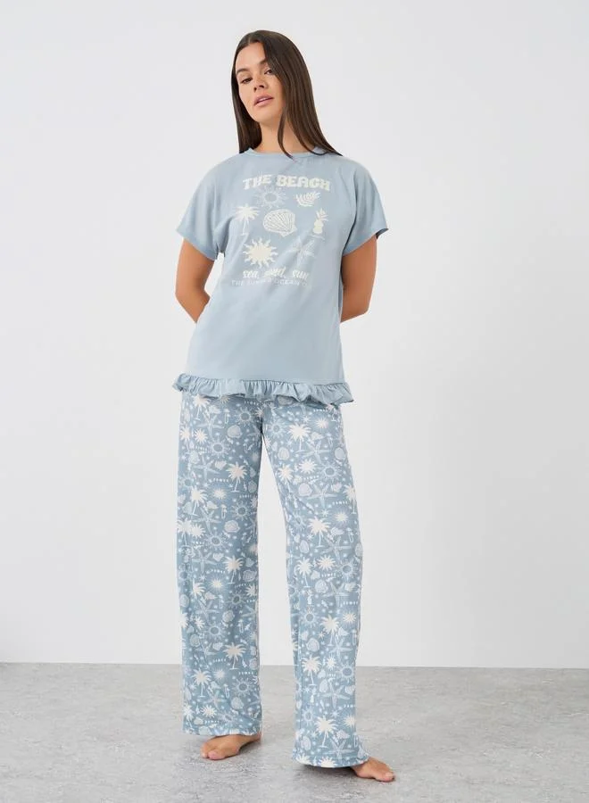 ستايلي Styli Graphic Print Ruffle Hem T-Shirt and Pyjama Set