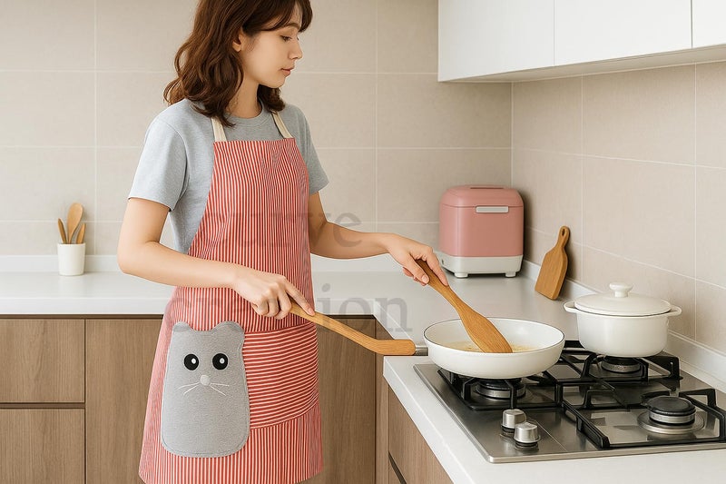 curve creation Waterproof Kitchen Apron For Women Washable PVC Apron With Center Pocket Comfortable Wear Resistant Chef Apron For Cooking With 2 Side Coral Velvet Towels For Hands Wiping (1, Pink) - Image 2