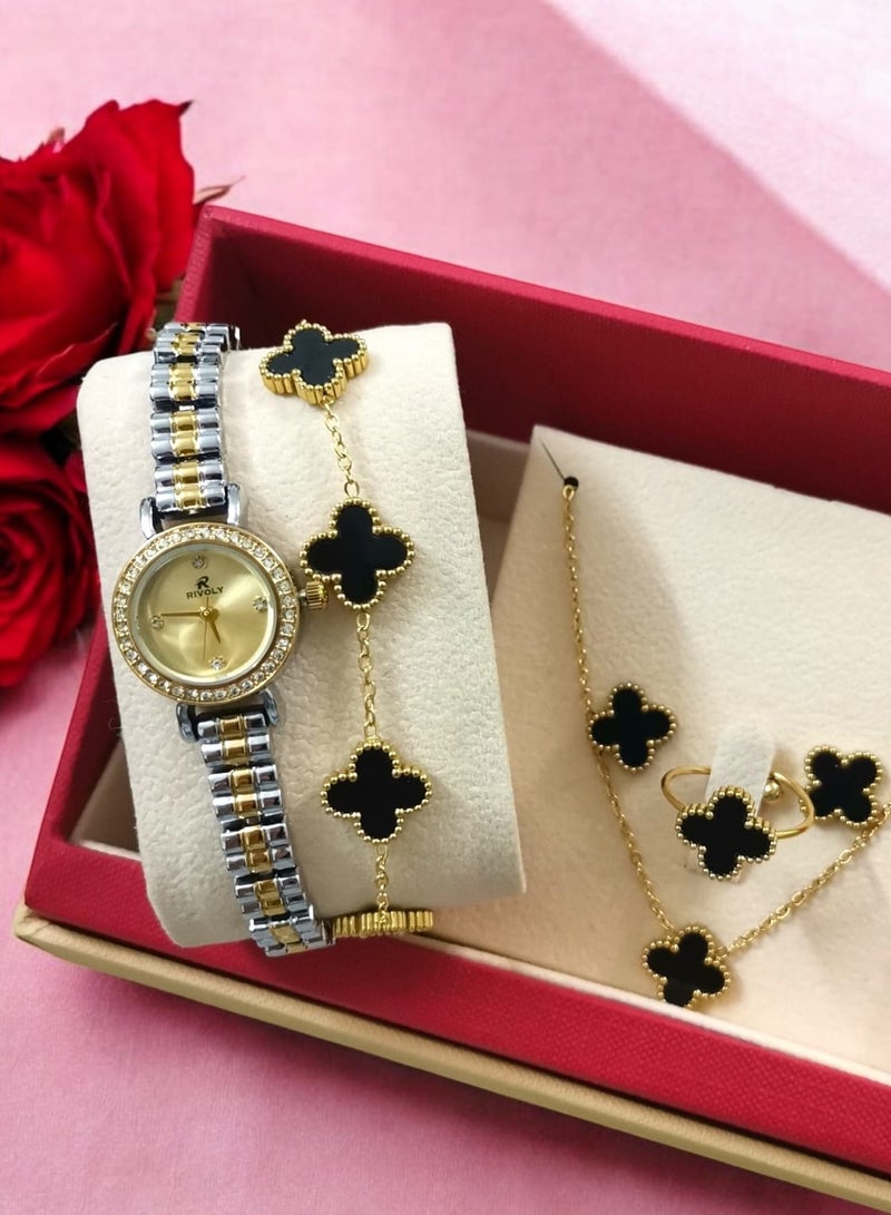 Rivoly Elegant women's stainless-steel set consisting of a waterproof watch with a set of bracelets, rings, necklaces, and earrings - Image 1