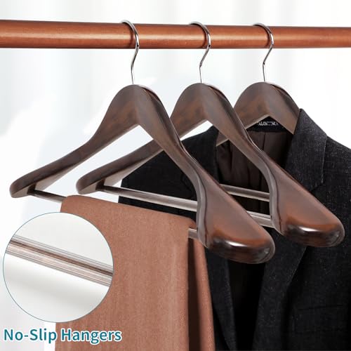 ABHENG Solid Wood Suit Hangers, 10 Pack, Coat Hangers with Non Slip Trouser Bar, 360° Swivel Hook, Heavy Duty Wide Hangers for Suit, Coat, Jacket, Trousers, Pants,17.3" W x 9", Dark Walnut AWY0410H - Image 4