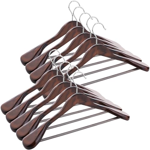 ABHENG Solid Wood Suit Hangers, 10 Pack, Coat Hangers with Non Slip Trouser Bar, 360° Swivel Hook, Heavy Duty Wide Hangers for Suit, Coat, Jacket, Trousers, Pants,17.3" W x 9", Dark Walnut AWY0410H - Image 1