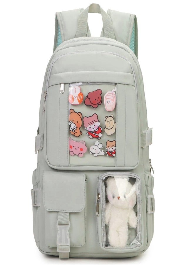 PRLINJSK Kawaii Backpack for Teen Girls, Cute Aesthetic High Middle School College Bookbag with Accessories, Light Green, Medium, Traditional Backpacks - Image 1