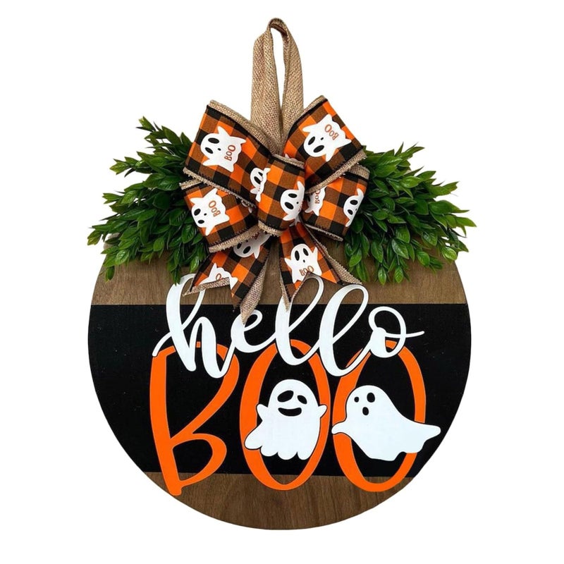 Wazoci Halloween Door Hanger Sign Decorations, Cute Ghost Welcome Wood Wreaths Decor for Front Door Farmhouse Porch Wall Decor Outdoor (Halloween Ghost) - Image 1