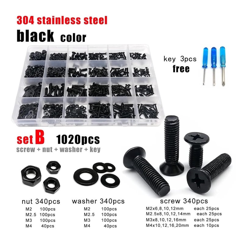 M2 M3 M4 M5 Black 304 Stainless Steel Screw Bolt Nut Assortment Set Box Kit Set B 1020pcs - Image 3