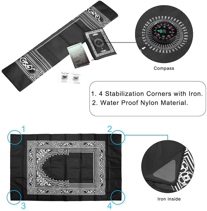 Hitopin Travel Prayer Mat, 60cm*100cm Praying Rug, Portable Polyester Prayer Rug with Compass, Islamic Waterproof Prayer Mat, Musilm Prayer Mat, for Ramadan Gifts, Islamic Prayer (Black) - Image 3