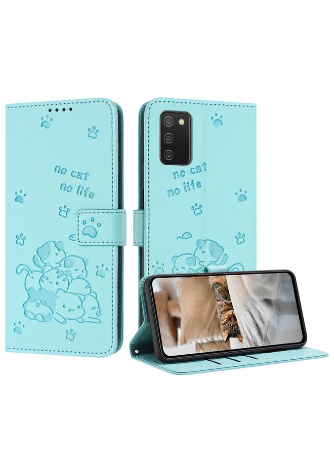 اس-توب جراب لهاتف Samsung Galaxy A02s مقاس 166 مم من الجلد المنقوش عليه صورة قطة صغيرة مع حبل - Image 1