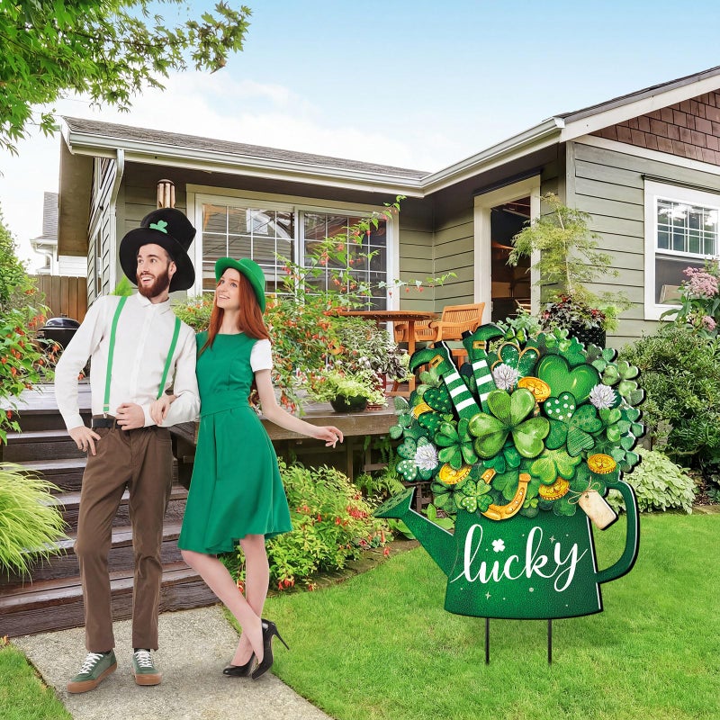 Memorywuu Metal St Patricks Day Decoration Outdoor Green Shamrock Leprechaun Yard Sign Stake 14.2 Inches Welcome Irish Mason Jar Yard Decor Clover Lawn Decor for Home Garden Patio Lawn - Image 4