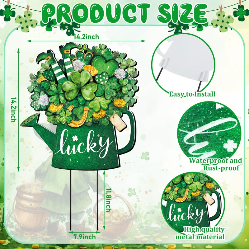 Memorywuu Metal St Patricks Day Decoration Outdoor Green Shamrock Leprechaun Yard Sign Stake 14.2 Inches Welcome Irish Mason Jar Yard Decor Clover Lawn Decor for Home Garden Patio Lawn - Image 2