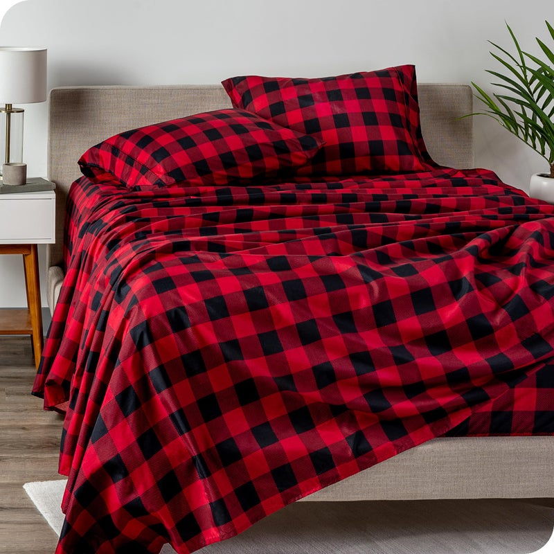 Bare Home King Sheet Set Luxury 1800 UltraSoft Microfiber Double Brushed Deep Pockets 4 Piece Set Bedding Sheets Pillowcases King Buffalo Plaid RedBlack