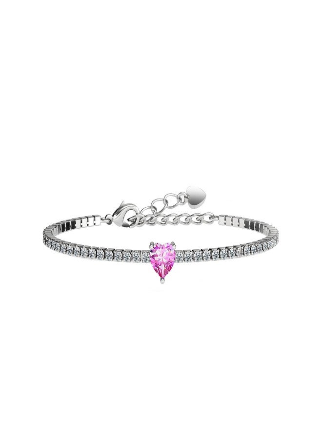 AllenCOCO Sterling Silver Heart Birthstone Bracelet - October, 14K White Gold Plated, AAAAA+ CZ Cubic Zirconia, Tennis Chain with Heart Charm, Hypoallergenic, Non-Tarnish Jewelry Gift for Women - Image 1