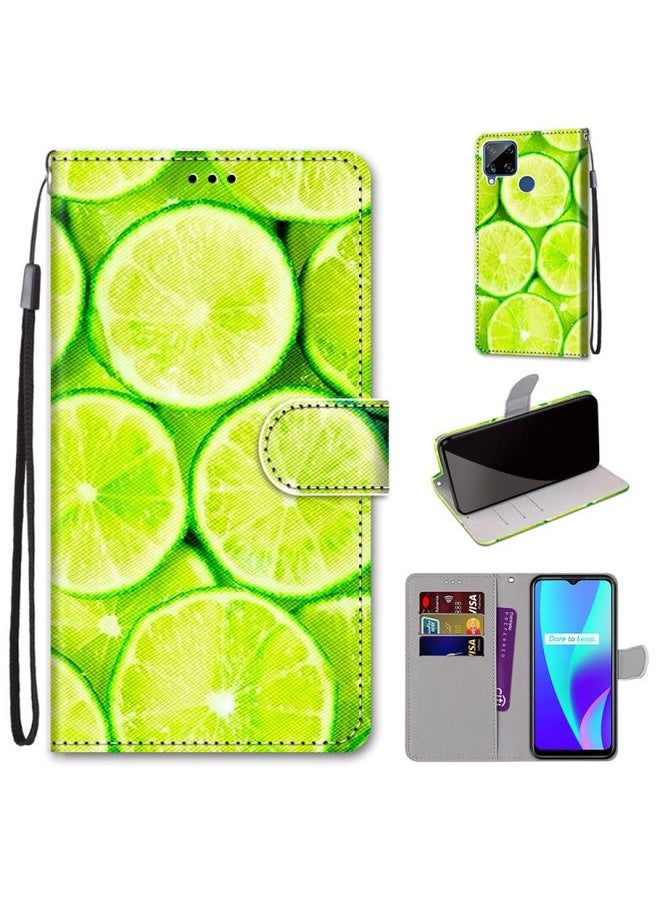 HuHa Case Cover For Realme C15 / C12 / C25 / 7i Global / Narzo 20 / 30A Coloured Drawing Cross Texture Horizontal Flip PU Leather Case with Holder & Card Slots & Wallet & Lanyard Green Lemon 