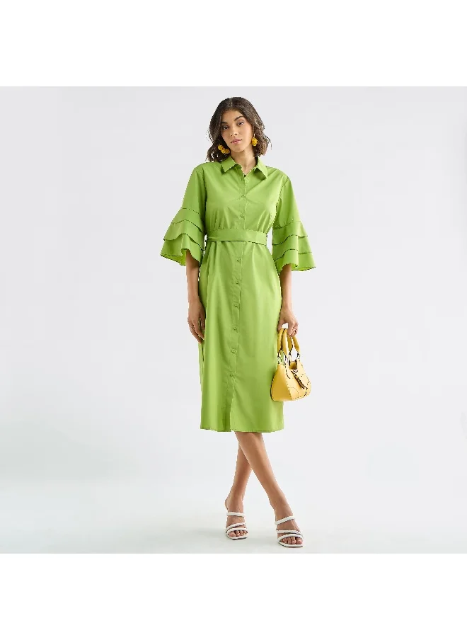 FAV Solid Shirt Dress with Ruffle Sleeves and Belt