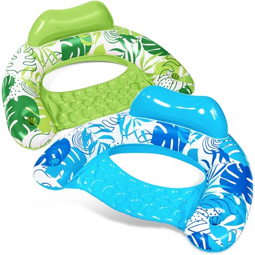 SLOOSH Inflatable Pool Floats Adult2 Pack Pool Chairs with Cup HoldersXLarge Blow up Floats ChairHammock Noodle Mat Leaves Design for Relaxing Summer Water Fun Swimming Party BeachBlueGreen - Image 1