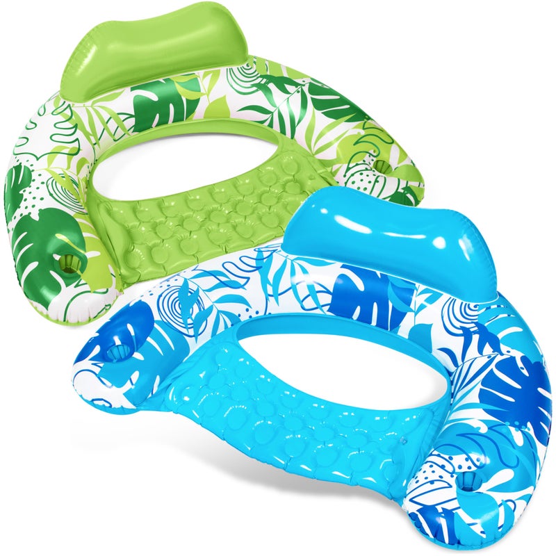 SLOOSH Inflatable Pool Floats Adult2 Pack Pool Chairs with Cup HoldersXLarge Blow up Floats ChairHammock Noodle Mat Leaves Design for Relaxing Summer Water Fun Swimming Party BeachBlueGreen - Image 2