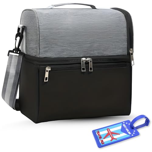 OCEANEVO 2 Compartment Insulated Lunch Bag with Luggage Tag, Tiffin Bag for Office with Handle and Shoulder Strap for Men and Women - 28 x 25 x 18 Cm - Grey - Image 1