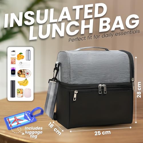 OCEANEVO 2 Compartment Insulated Lunch Bag with Luggage Tag, Tiffin Bag for Office with Handle and Shoulder Strap for Men and Women - 28 x 25 x 18 Cm - Grey - Image 2