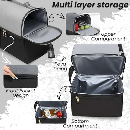 OCEANEVO 2 Compartment Insulated Lunch Bag with Luggage Tag, Tiffin Bag for Office with Handle and Shoulder Strap for Men and Women - 28 x 25 x 18 Cm - Grey - Image 3