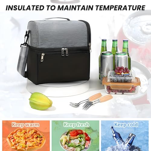 OCEANEVO 2 Compartment Insulated Lunch Bag with Luggage Tag, Tiffin Bag for Office with Handle and Shoulder Strap for Men and Women - 28 x 25 x 18 Cm - Grey - Image 4