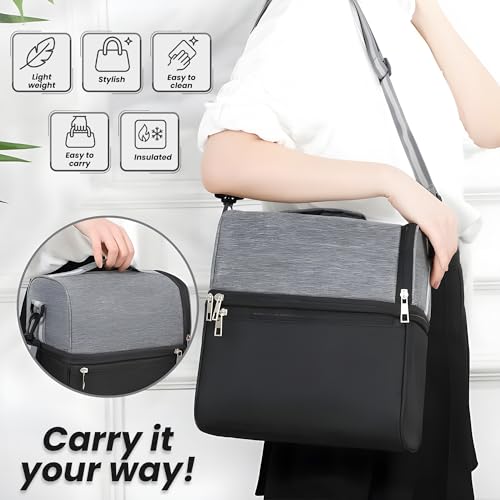 OCEANEVO 2 Compartment Insulated Lunch Bag with Luggage Tag, Tiffin Bag for Office with Handle and Shoulder Strap for Men and Women - 28 x 25 x 18 Cm - Grey - Image 5