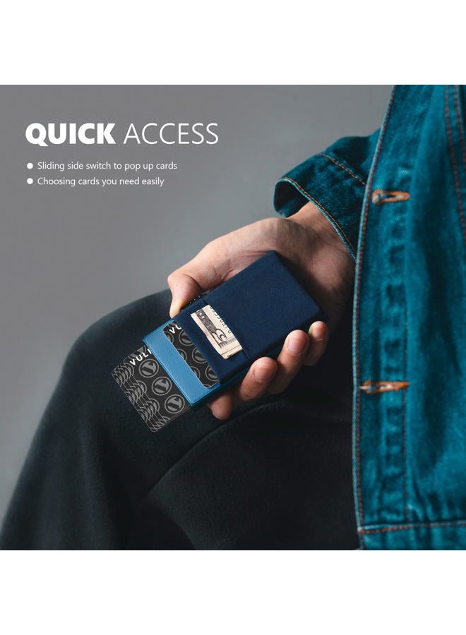 VULKIT حامل بطاقة الائتمان مع جيوب EDC ونافذة هوية مانعة لتداخل RFID محفظة بطاقات معدنية رفيعة (أزرق داكن) - Image 3