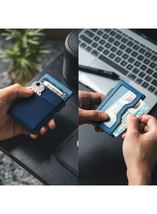 VULKIT حامل بطاقة الائتمان مع جيوب EDC ونافذة هوية مانعة لتداخل RFID محفظة بطاقات معدنية رفيعة (أزرق داكن) - Image 2