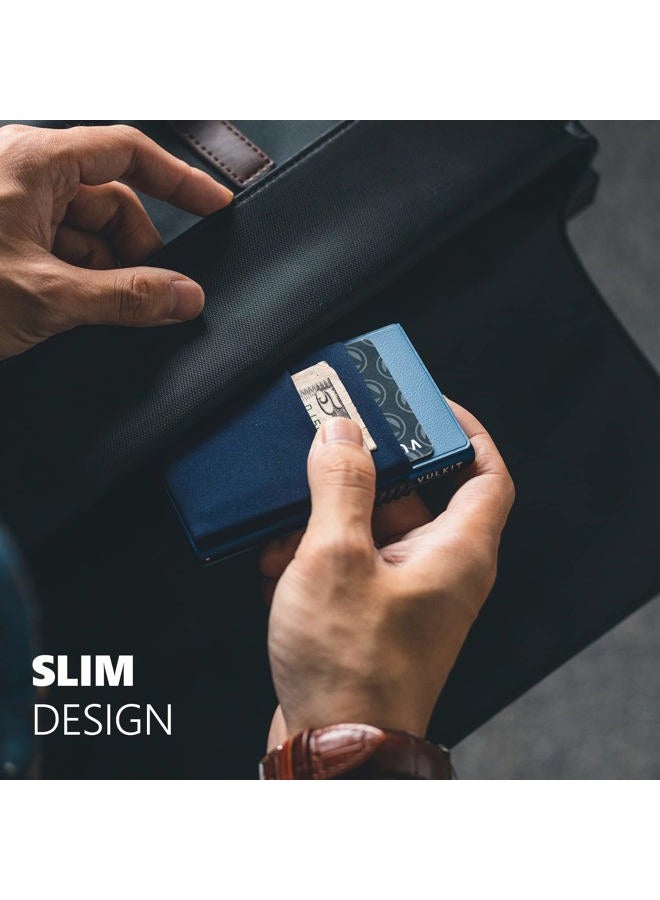 VULKIT حامل بطاقة الائتمان مع جيوب EDC ونافذة هوية مانعة لتداخل RFID محفظة بطاقات معدنية رفيعة (أزرق داكن) - Image 4
