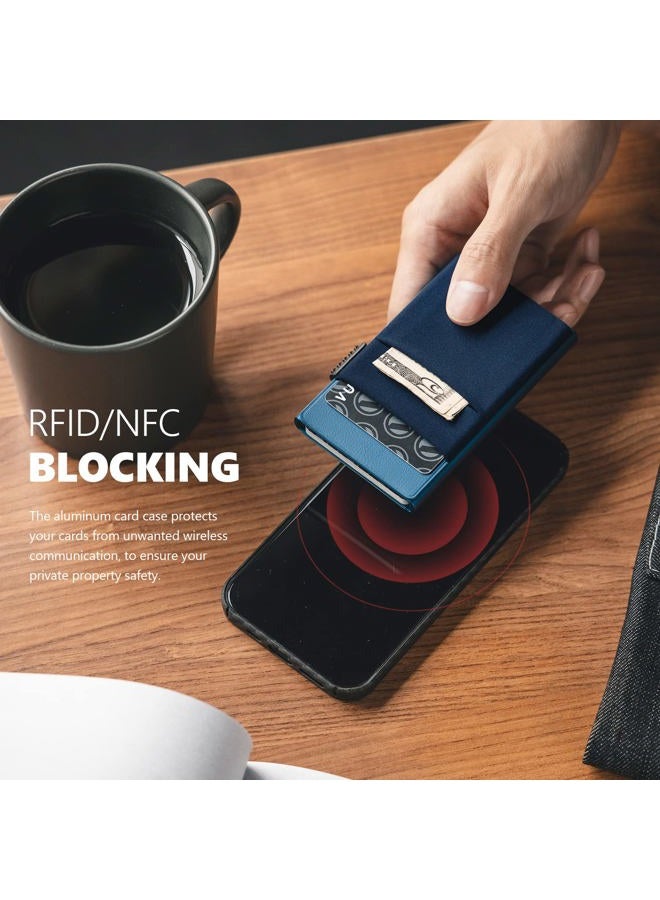 VULKIT حامل بطاقة الائتمان مع جيوب EDC ونافذة هوية مانعة لتداخل RFID محفظة بطاقات معدنية رفيعة (أزرق داكن) - Image 5