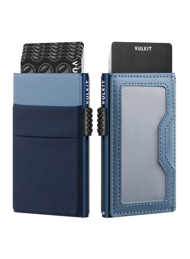 VULKIT حامل بطاقة الائتمان مع جيوب EDC ونافذة هوية مانعة لتداخل RFID محفظة بطاقات معدنية رفيعة (أزرق داكن) - Image 1