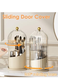 KHAJUL Cosmetic storage box with lid,360 Rotating Clear Dustproof Makeup Brushes Organizer（Beige）  - Image 3