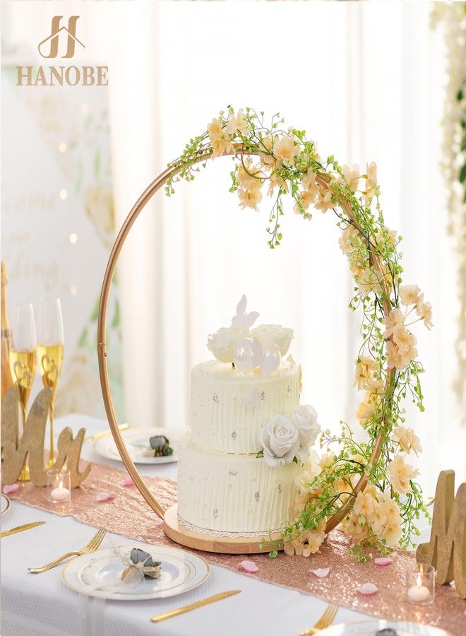 Hanobe Wedding Cake Stand Gold: 14 Inch Round Arch Cupcake Display Stands with Wood Base for Party Decorative Metal Hoop Centerpiece Decor for Birthday Baby Shower - Image 2