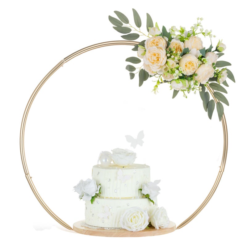 Hanobe Wedding Cake Stand Gold: 14 Inch Round Arch Cupcake Display Stands with Wood Base for Party Decorative Metal Hoop Centerpiece Decor for Birthday Baby Shower - Image 1