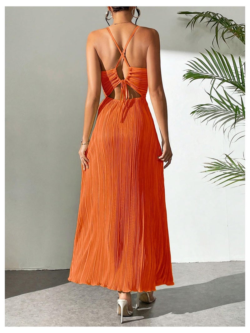 OYOANGLE Women's Summer Textured V Neck Sundress Tie Back Spaghetti Strap Pleated A Line Beach Long Maxi Party Dress Orange Small - Image 2