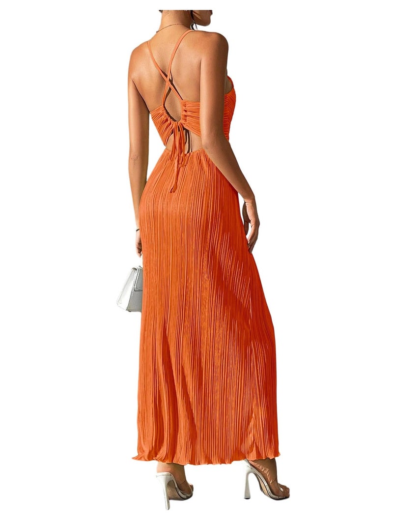 OYOANGLE Women's Summer Textured V Neck Sundress Tie Back Spaghetti Strap Pleated A Line Beach Long Maxi Party Dress Orange Small - Image 1