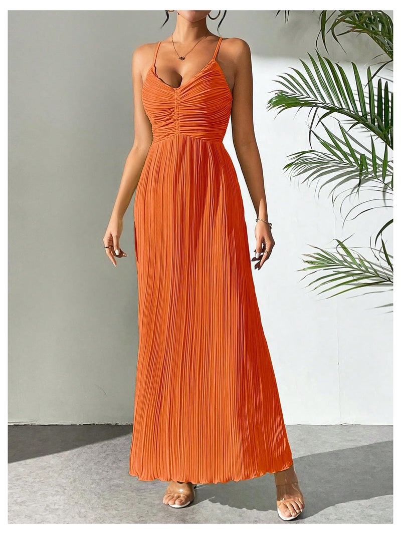 OYOANGLE Women's Summer Textured V Neck Sundress Tie Back Spaghetti Strap Pleated A Line Beach Long Maxi Party Dress Orange Small - Image 5