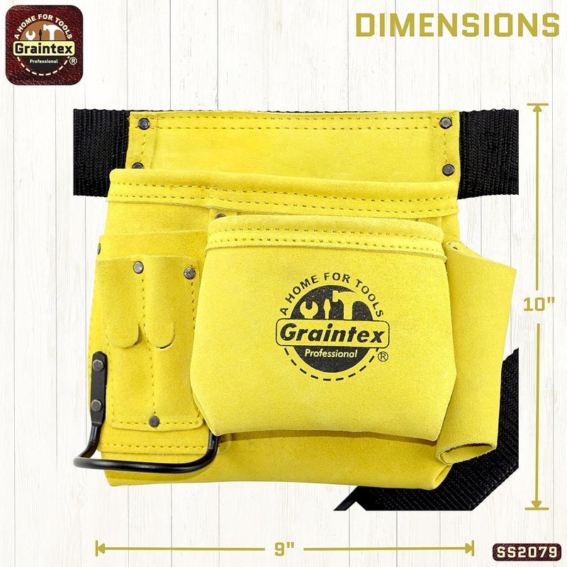 Graintex 5 Pocket Suede Leather Tool Belt/Bag | Yellow | Multipurpose Leather Tool Belt for Women and Men | Construction, Electrician, Handymen, Carpenter, Gardening Pouch and DIY Projects - Image 3