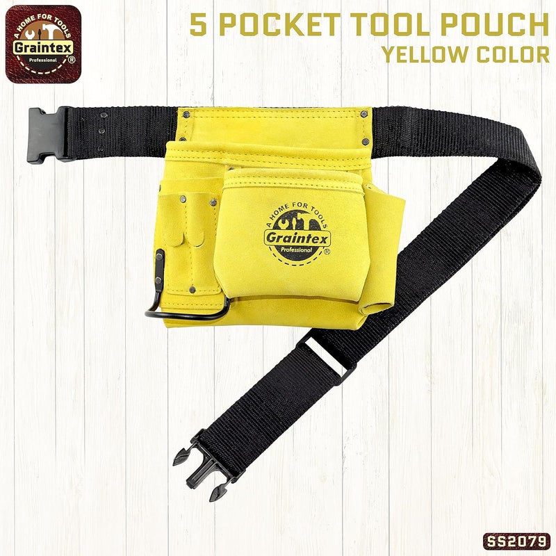 Graintex 5 Pocket Suede Leather Tool Belt/Bag | Yellow | Multipurpose Leather Tool Belt for Women and Men | Construction, Electrician, Handymen, Carpenter, Gardening Pouch and DIY Projects - Image 2